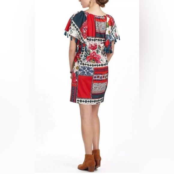 ANTHROPOLOGIE VANESSA VIRGINIA Persian Red Rose Patchwork Tassel Dress Size XS - Picture 2 of 16